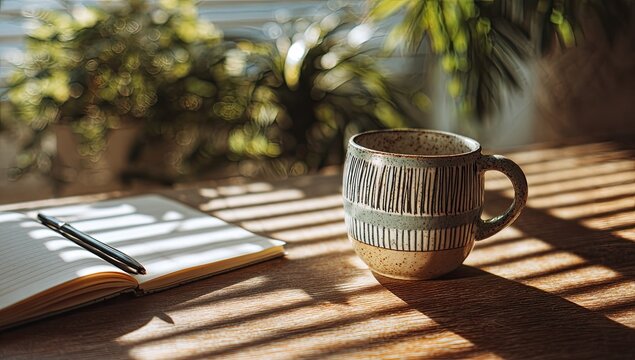 Sunlight streams onto a wooden table, illuminating a ceramic mug and an open notebook