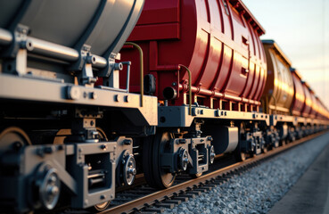 Naklejka premium Cargo train cars moving along railway tracks at sunset creating a dynamic industrial scene