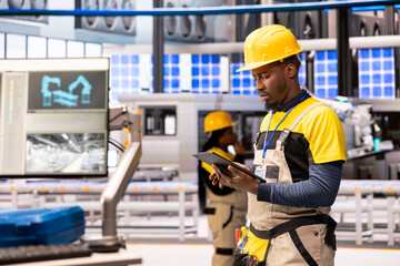 Industrial automation expert analyzing smart manufacturing system, ensuring smooth operation of assembly lines and conveyor belts. Black man with tablet overseeing maintenance of industry 4.0 software
