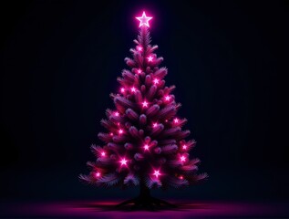 A glowing pink Christmas tree with lights and a star topper, celebrating the festive holiday season.