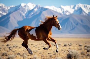 Obraz premium A brown and white horse gallops across a grassy plain with snow-capped mountains in the background