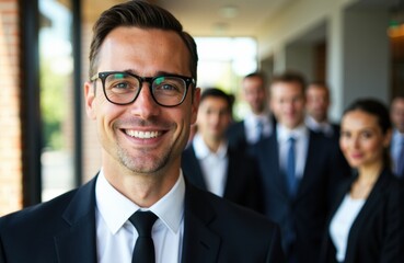 Confident businessman smiling in a professional setting with colleagues in the background