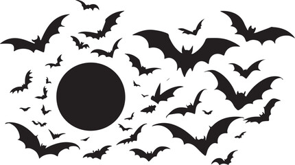Fototapeta premium Black bat silhouettes flying around a large black circle on a white background vector