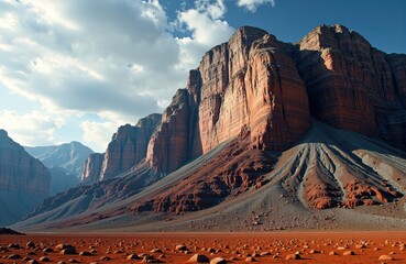 Majestic canyon landscape with towering cliffs and rugged terrain under a partly cloudy sky