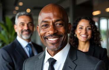 A confident businessman smiles in a professional setting with two colleagues in the background