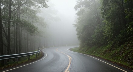 Fototapeta premium A winding road disappears into a foggy forest, creating an atmospheric scene.