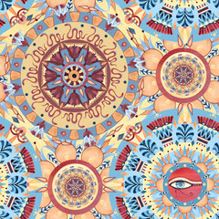 Arabesque round seamless tribal pattern, eye of Horus, ancient oriental ornament. Geometric figures, sacred lotus, abstract palm. Watercolor illustration isolated on yellow background for textile