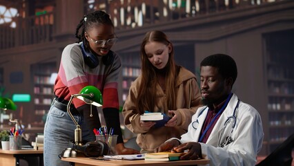 Diverse group of pupils in a library discuss with a medic resident, preparing for a new lecture at med school. Using medical books and materials to gain expertise in microbiology. Camera A.
