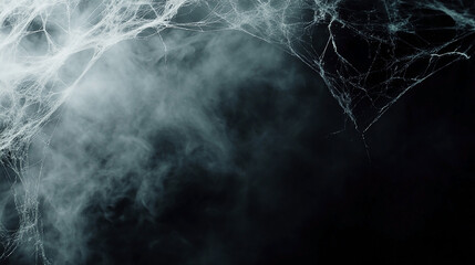 Dark, eerie spider web with misty background creating a haunting atmosphere