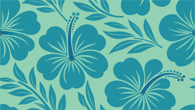 Seamless pattern of blue hibiscus flowers and leaves on a mint green background