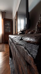 Close-up view of a rustic wooden entertainment center.