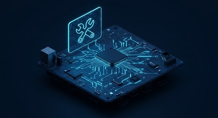 Servicing Computer Chip with Glowing Tools Icon on Circuit Board