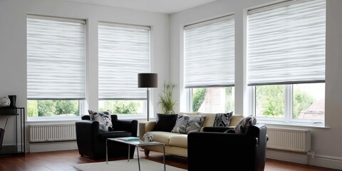 Fototapeta premium Modern interior featuring stylish zebra blinds in white, enhancing a cozy living room atmosphere with natural light