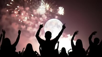 Silhouettes of people enjoying fireworks at night - Powered by Adobe