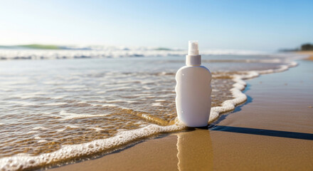 A blank white sunscreen spray bottle sitting on a wet sandy beach with a gentle ocean wave washing ashore on a sunny day.
