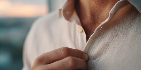 Man is wearing a white shirt and is adjusting his collar