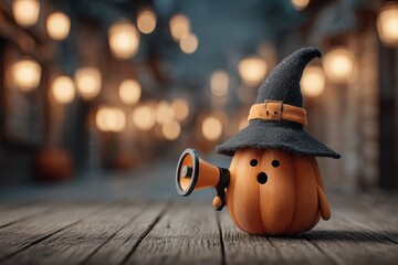 A whimsical pumpkin character in a witch hat holds a megaphone, set against a blurred, atmospheric background.