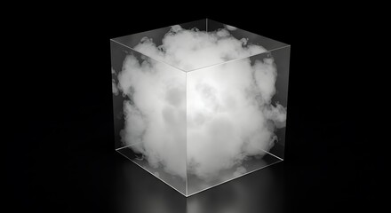 Cloud Inside Clear Cube Floating on Black Background