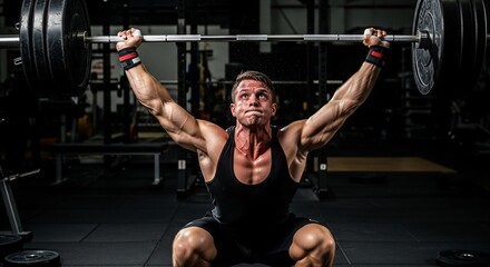 Muscular man in black tank top performing overhead barbell squat in gym