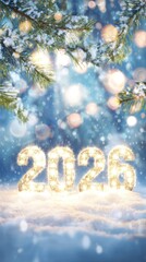 Glowing 2026 celebration in a winter wonderland with snow and illuminated pine branches