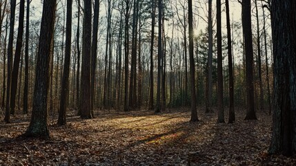 Fototapeta premium Sunlight filtering through a dense woodland.