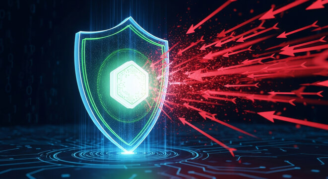 Digital security shield successfully blocking a red arrow cyber attack on a circuit board and binary code background, a 3D illustration.
