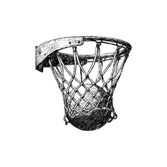 Engraving style illustration of basketball hoop with ball in net in black and white on transparent background &ndash; Sports vector for athletic event posters, team branding, and fitness merchandise