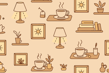 Cozy living room decor pattern featuring coffee cups, plants, lamps, and artwork in a warm color scheme