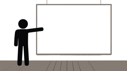 Presentation board with stick figure pointing blank whiteboard