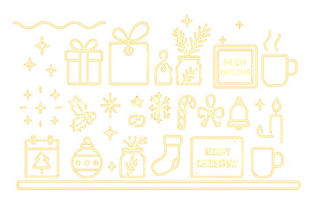 Illustration featuring Christmas themed decorations, gifts, and festive elements in a cheerful colorful arrangement