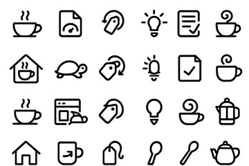 Multiple coffee cup icons with various related symbols in a clean, minimalist design for creative projects