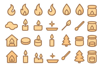 Various candle and flame icons designed for cozy home ambiance and decorative purposes during winter evenings