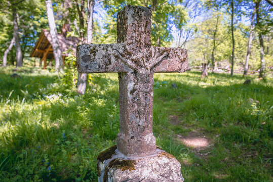 Graves on the ramins of former Orthodox Church in Wolosate, small settlement in Bieszczady National Park, Subcarpathian Voivodeship of Poland