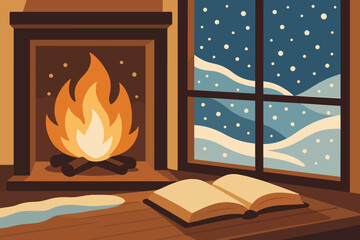 Cozy winter night by the fireplace with falling snow and an open book on the table