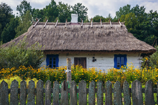 Frontage of Historic wooden rural cottage in Budy village, Podlasie region of Poland