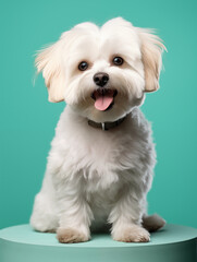 Obraz premium A cheerful white Maltipoo dog posed on a smooth mint green backdrop.