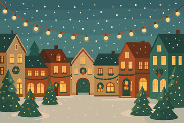 Fototapeta premium Winter village decorated for Christmas with lights, snowflakes, and trees in the evening