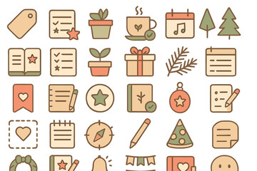 Colorful collection of simple icons representing everyday items and activities in a playful design