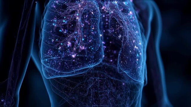 Conceptual illustration of duskycolored torso with pulsating blue fluid around brain and lungs emphasizing combined pulmonary and cerebral edema impact.