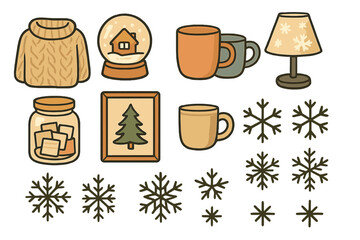 Cozy winter items collection featuring sweaters, mugs, and snow globes for a warm seasonal atmosphere