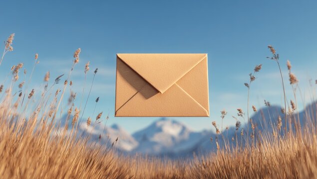 A beige envelope floats in a field, against a mountain backdrop - Powered by Adobe