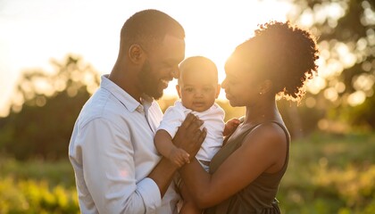 Family portrait of a young couple holding their baby outdoors at sunset