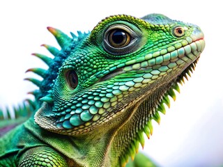 Obraz premium Closeup portrait of a green iguana isolated on white background, showcasing its scales and vibrant colors