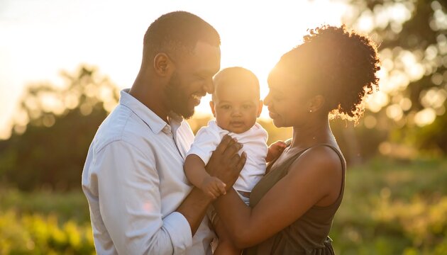 Family portrait of a young couple holding their baby outdoors at sunset