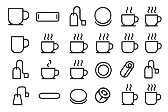 Collection of minimalist cup and tea bag icons in various arrangements and sizes showcasing different styles