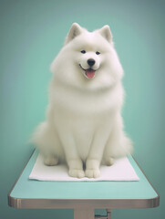 A cheerful Samoyed dog poses for a portrait on a mint green background.