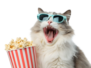 A fluffy cat with sunglasses yawning holding a popcorn bucket in front of a black background scene