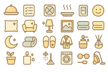 Interior design icons illustrate various elements of a cozy and organized home atmosphere for a modern lifestyle