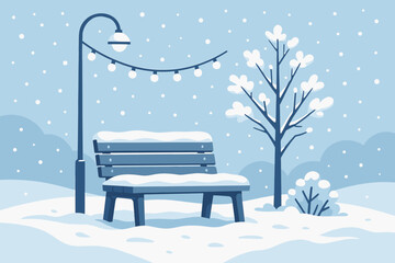Peaceful snowy winter park scene with bench, lamppost, string lights, and snow-covered trees in soft blue tones