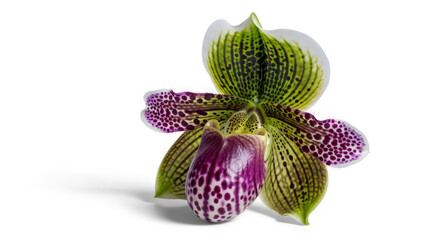 Studio close-up of an exotic Lady Slipper Orchid with spotted purple and green petals, isolated on a clean white background with a soft shadow
